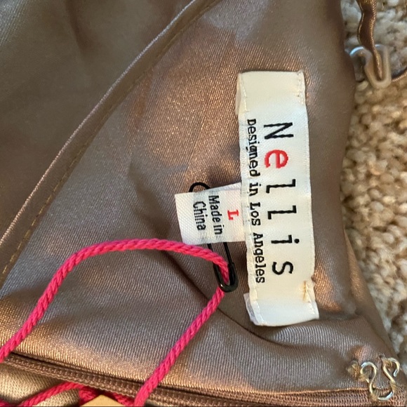 NELLIS, L, gold satin draped neck & back, criss cross strap dress, new w/ tags!! - Picture 4 of 8